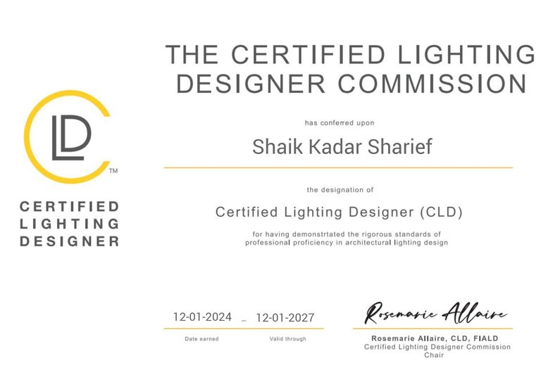 Certified Lighting Designer (CLD) certificate conferred on Shaik Kadar Sharief, valid 12-01-2024 to 12-01-2027
